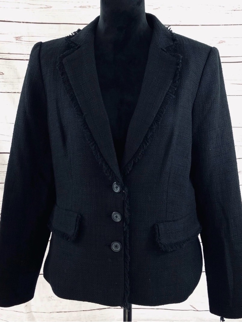 Karl Lagerfeld Black Frayed Trim Tailored Blazer Jacket